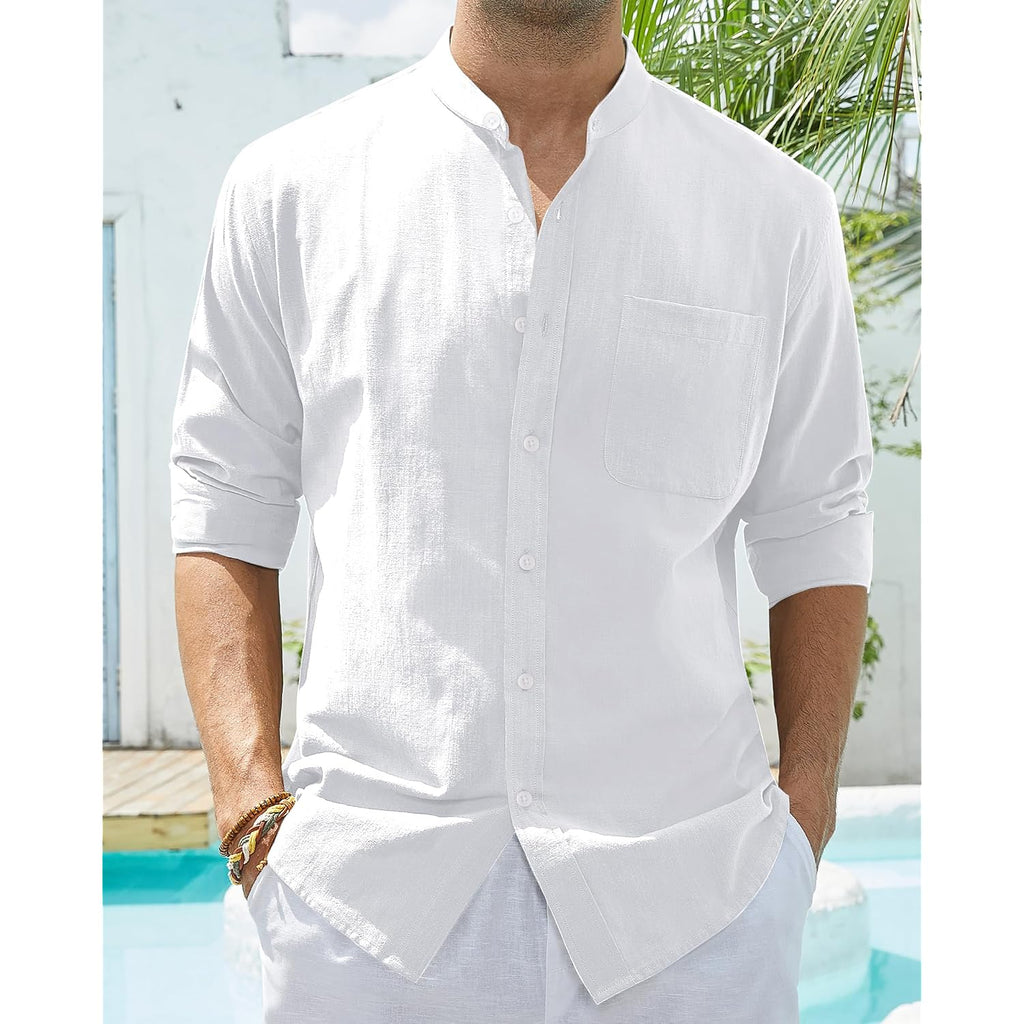 Alimens & Gentle Men'S Cotton Linen Shirts Long Sleeve Button Down Shirt Band Collar Beach Shirts