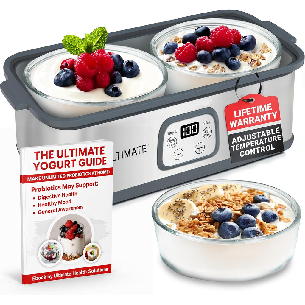 Ultimate Probiotic Yogurt Maker with Adjustable Time & Temperature Control, Make Trillions of Probiotics for Better Gut Health, Two 1-Quart Containers for Larger Batches, ULTIMATE LIFETIME WARRANTY