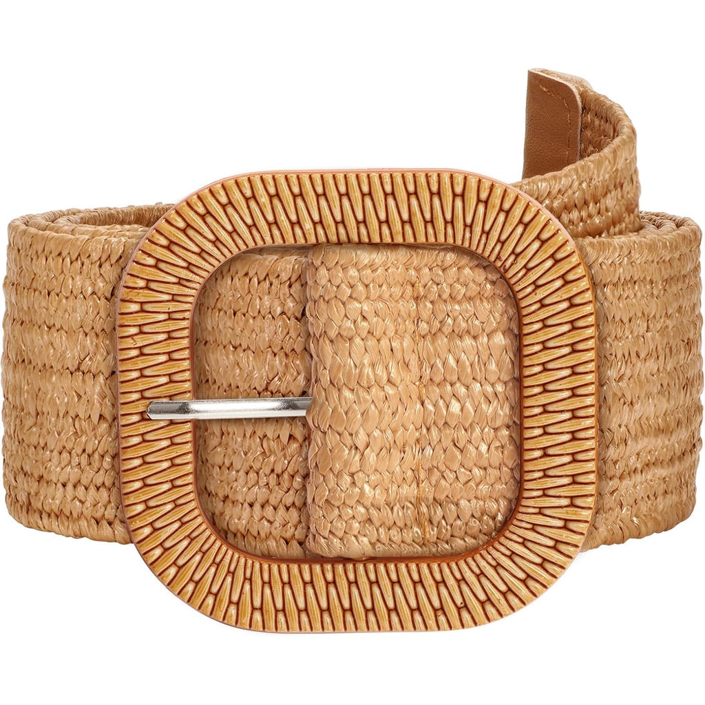 SUOSDEY Straw Woven stretchy Waist Belt for Women Dresses,Wide Boho Braided Elastic Belt with Round Buckle