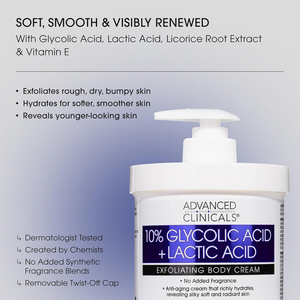 Advanced Clinicals 10% Glycolic Acid + Lactic Acid Lotion Exfoliant Moisturizing Cream With Hyaluronic Acid Moisturizer | Aha Exfoliating Body Cream Improves Look Of Uneven Rough Skin Texture, 16 Oz