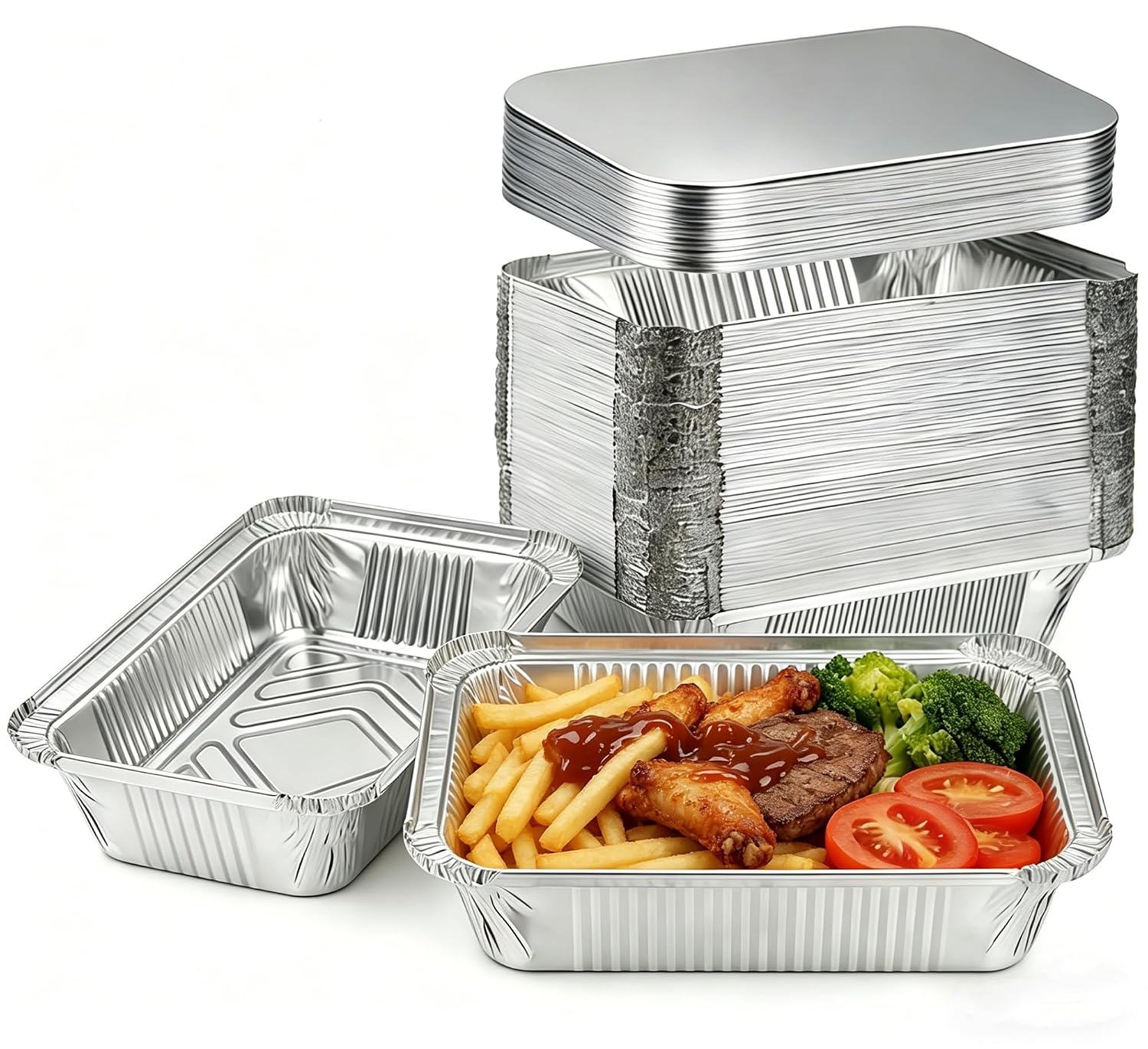 Aluminum Pans With Lids (60 Pack, 8.5"×6") 2.25 Lb Capacity Foil Pans With Lids - 60 Pans And 60 Cardboard Covers - Disposable Food Containers Tin Foil Pans For Baking, Meal Prep,Storage And Freezer