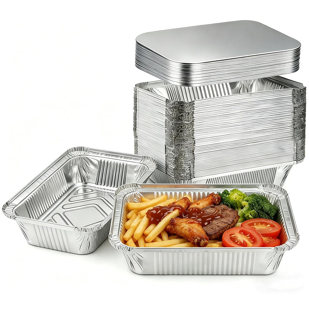 Aluminum Pans with Lids (60 Pack, 8.5"×6") 2.25 LB Capacity Foil Pans with Lids - 60 Pans and 60 Cardboard Covers - Disposable Food Containers Tin Foil Pans for Baking, Meal Prep,Storage and Freezer