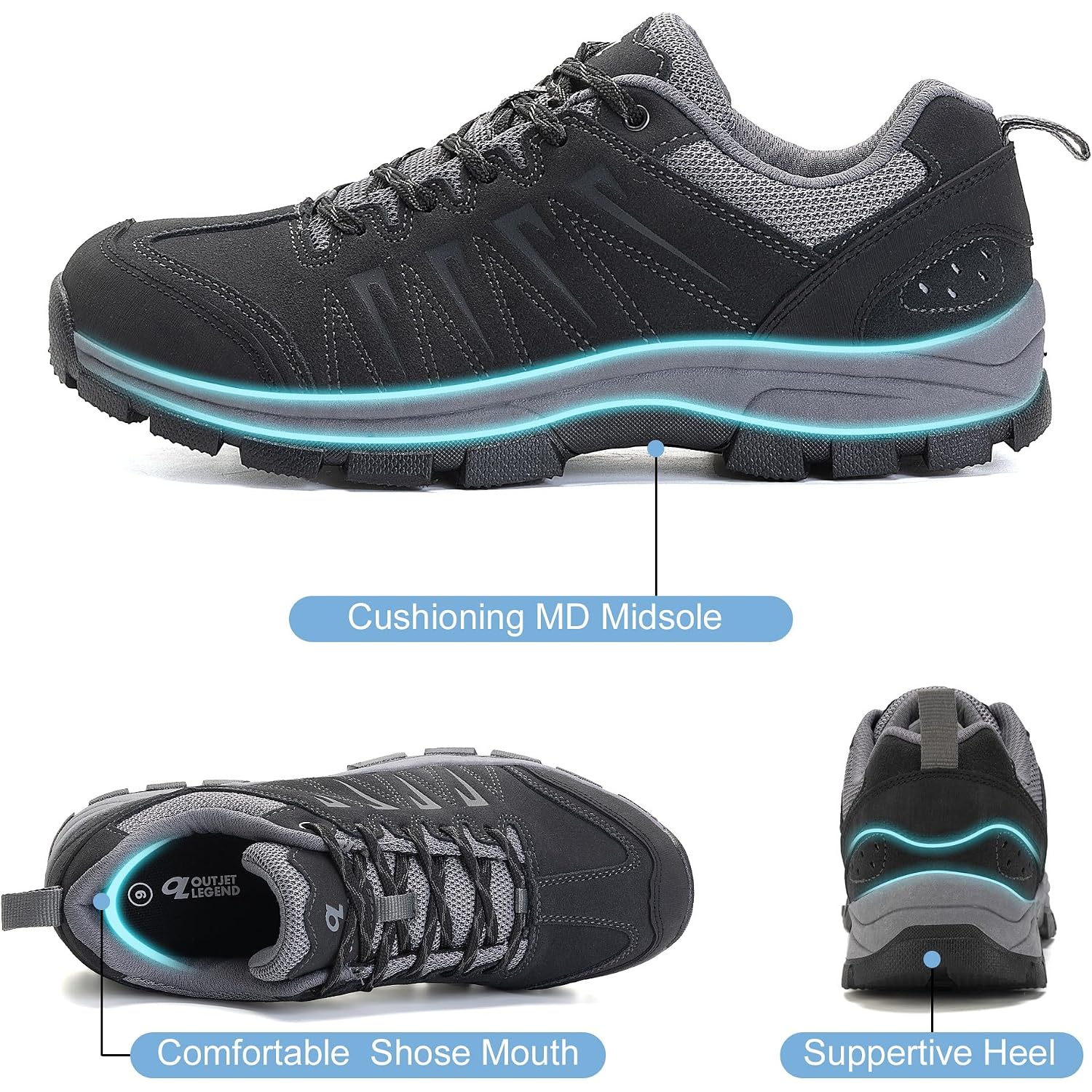Ol Outjet Legend Men'S Waterproof Hiking Shoes Leather Comfortable Lightweight Anti-Slip Outdoor Walking Work Sneakers
