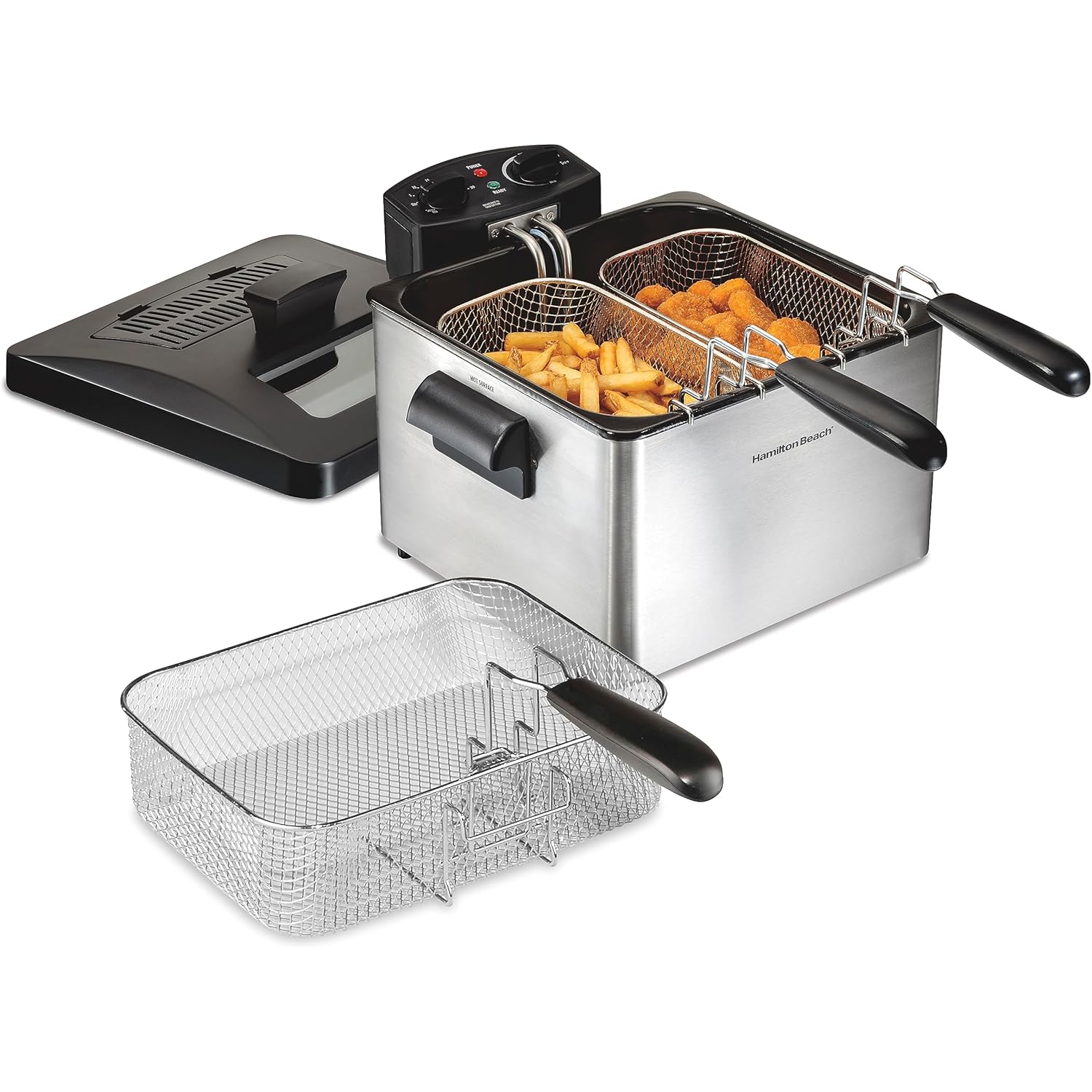 Hamilton Beach Electric Deep Fryer with 3 Baskets and Lid, 4.5 Liters / 19 Cups Oil Capacity, Temperature Control, View Window, Professional Style, 1800 Watts, Stainless Steel (35034)