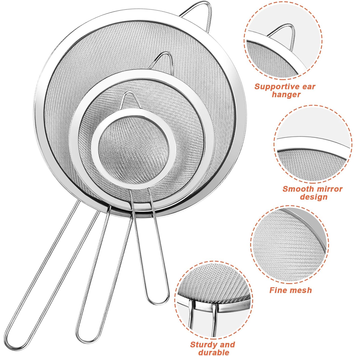 3Pcs Super Wire Extra Fine Mesh Strainer With Handle, Small Medium Large Size Sifter Metal Strainer Set, Stainless Steel Sieve Fine Mesh Strainers For Kitchen Rice Juice Quinoa Food Flour Baking Ylyl