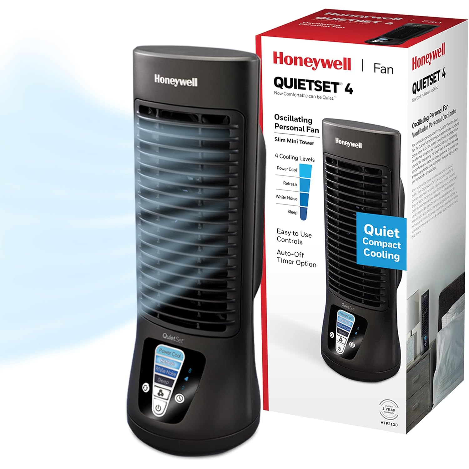Honeywell Quietset Personal Table Fan, Oscillating Personal Desk Fan For Bedroom With Quiet Operation, 4 Levels Of Power And Sound, Black, Htf210B