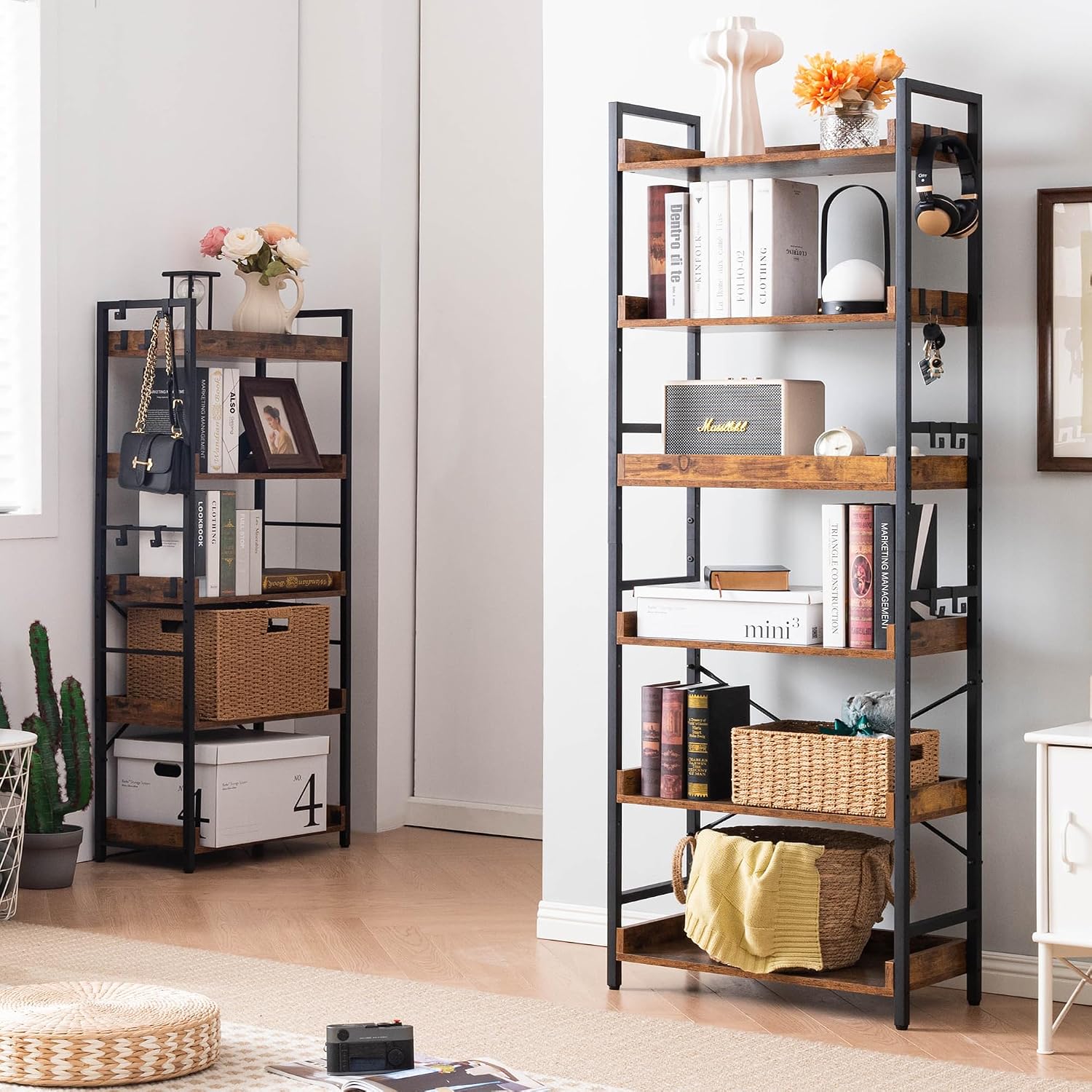 Hchqhs Adjustable 6 Tier Open Bookcase, Rustic Farmhouse Book Shelves, Industrial Wood And Black Metal Bookshelves, Mid Century Bookcase For Home Office Living Room Bedroom