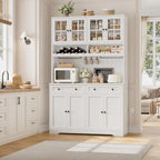 Hostack 75" Kitchen Pantry Storage Cabinet, Coffee Bar Hutch Cabinet, White | Tall Pantry Cabinet With Charging Station / Wide Countertop / Glass Doors / Wine Rack / Cup Holder / Drawers, Dining Room
