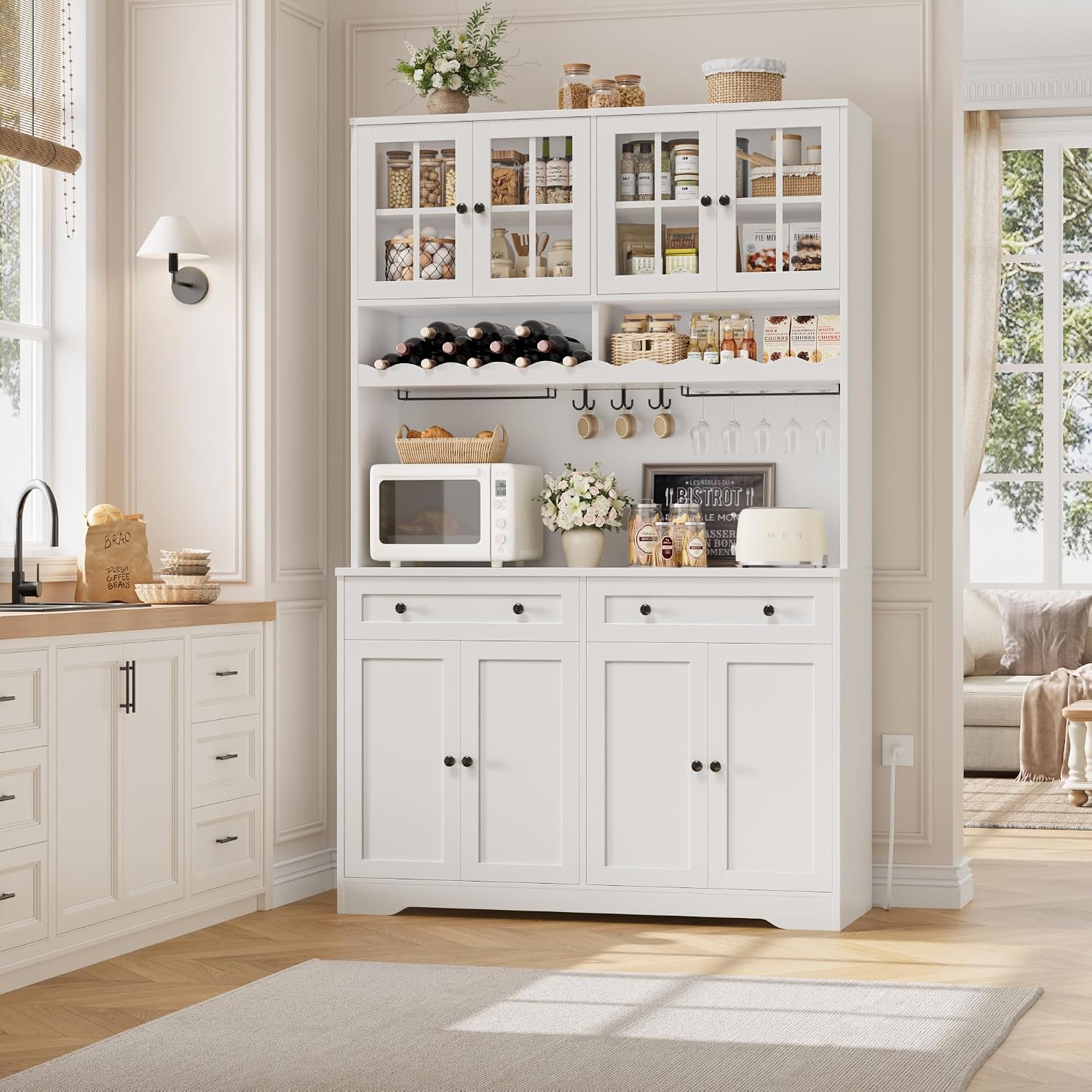 Hostack 75" Kitchen Pantry Storage Cabinet, Coffee Bar Hutch Cabinet, White | Tall Pantry Cabinet With Charging Station / Wide Countertop / Glass Doors / Wine Rack / Cup Holder / Drawers, Dining Room