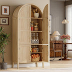 71" Tall Wooden Arched Cabinet, 5-Tier Arched Kitchen Pantry Cabinet With Doors & Shelves, Farmhouse Kitchen Arch Cabinets With Adjustable Feet, Wooden Pantry Storage For Dining Room(Oak)