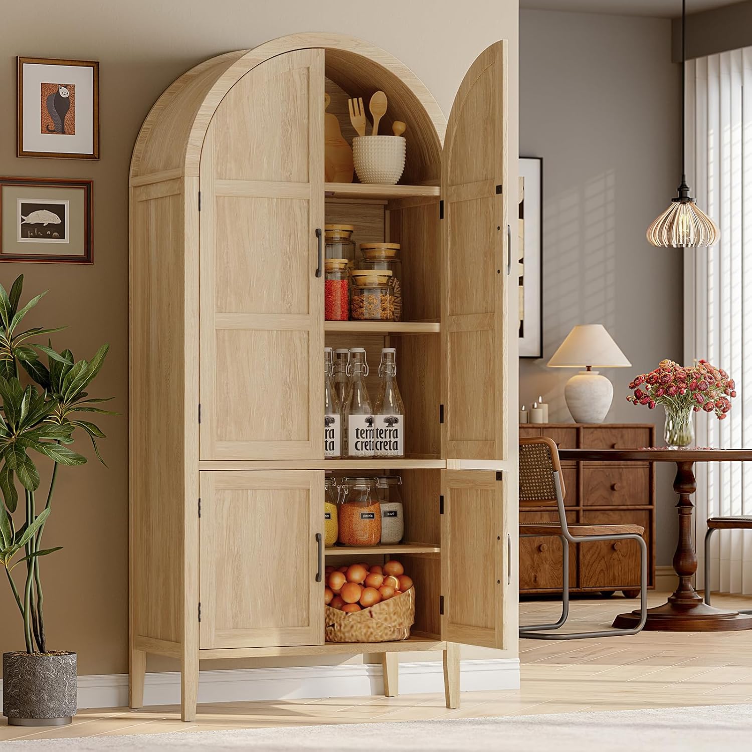 71" Tall Wooden Arched Cabinet, 5-Tier Arched Kitchen Pantry Cabinet With Doors & Shelves, Farmhouse Kitchen Arch Cabinets With Adjustable Feet, Wooden Pantry Storage For Dining Room(Oak)