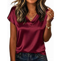 Zeagoo Women Silk Satin Tops Cap Short Sleeve Blouse V Neck Shirts Business Casual Outfits S-2Xl