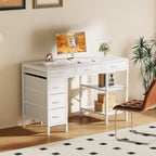 Sweetcrispy 47" Computer Desk With 6 Fabric Drawers, Home Office Gaming Desks With Storage Shelves For Bedroom, Writing Study Corner Living Room Work Table White