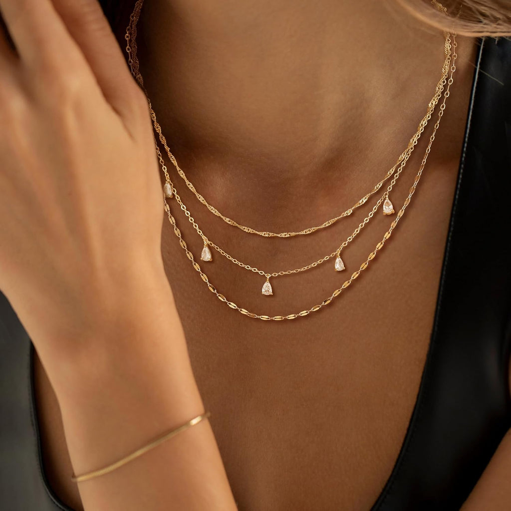 Layered Necklaces for Women, Dainty Gold Necklace Stack 14k Gold Plated Layering CZ Chain Choker Necklaces for Women Trendy Simple Non Tarnish Gold Necklaces Set Fashion Bridal Prom Jewelry