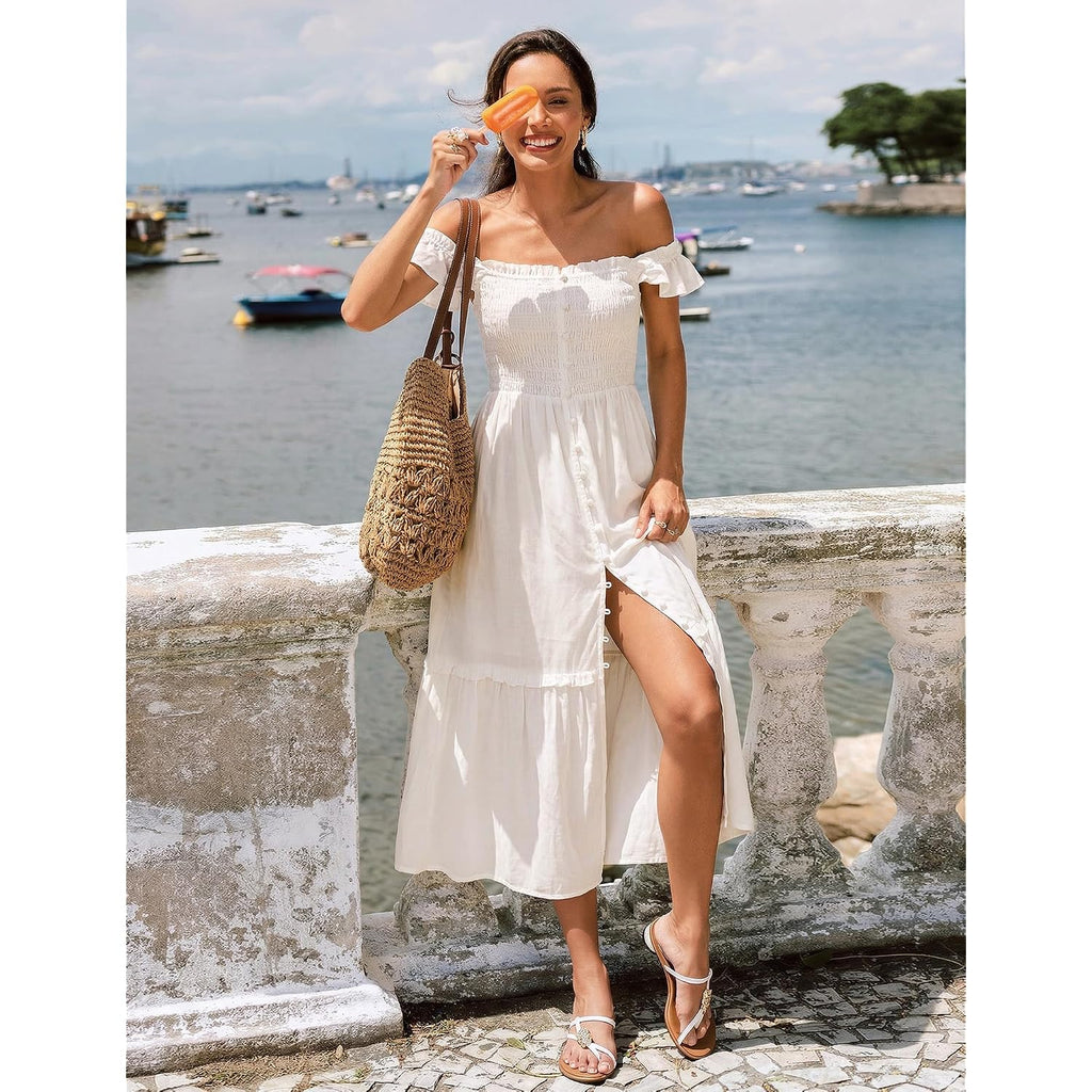 Women Summer Casual Midi Dress Square Neck Button Down Smocked Ruffle Strap Flowy Split Beach Sundress Pockets