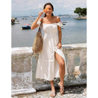 Women Summer Casual Midi Dress Square Neck Button Down Smocked Ruffle Strap Flowy Split Beach Sundress Pockets