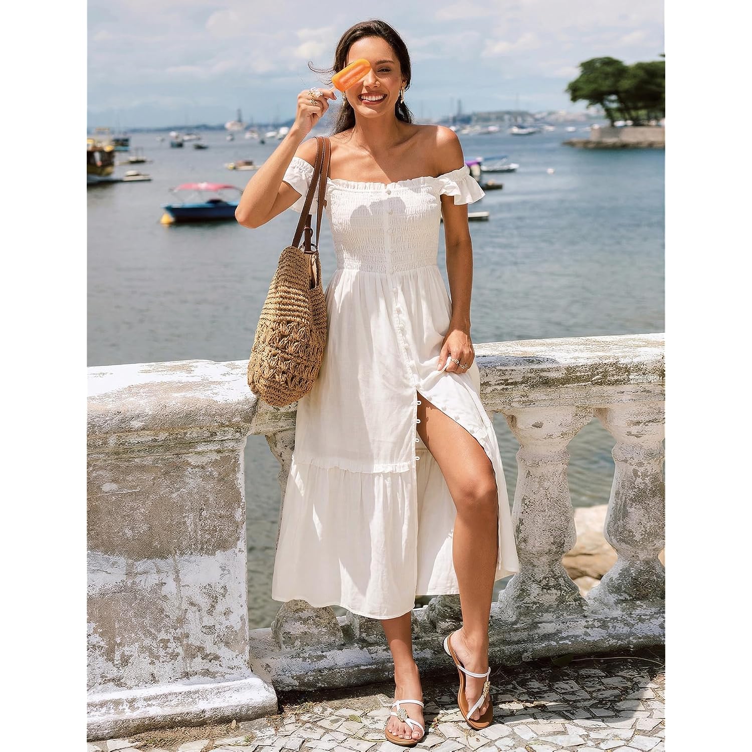 Women Summer Casual Midi Dress Square Neck Button Down Smocked Ruffle Strap Flowy Split Beach Sundress Pockets