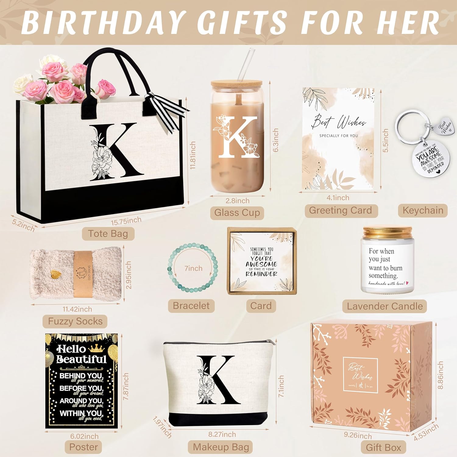 Birthday Gifts for Women, Monogrammed Initial Gift for Teacher Wife Mom, Tote Bag