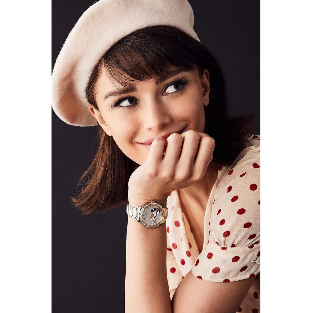 Citizen Eco-Drive Ladies' Mickey Mouse Crystal Watch, Two Tone Gold Stainless Steel, 3-Hand, 36Mm (Model: Fe7044-52W)