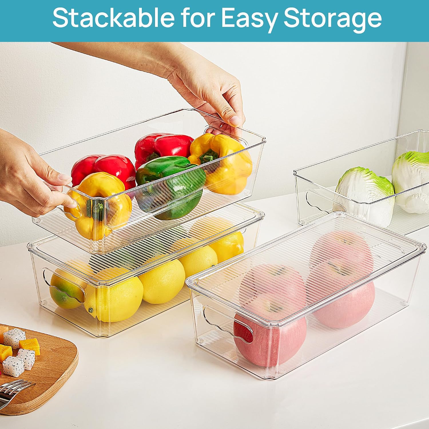 Vtopmart 8Pcs Clear Organizers And Storage Bins With Lids, Stackable Plastic Storage Containers With Handles For Fridge, Freezer, Pantry, Cabinet, Kitchen Organization