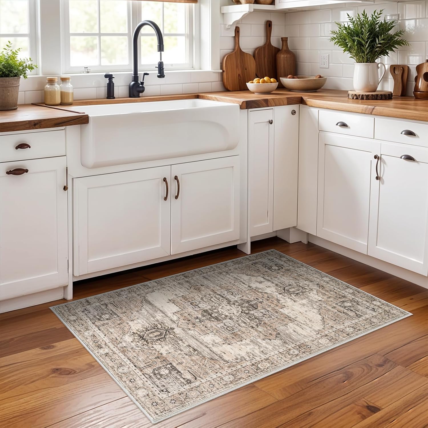 Washable 2X3 Area Rugs - Large Boho Rugs For Living Room Stain Resistant Carpet Vintage Tribal Rugs For Bedroom Kitchen Bathroom With Non Slip Backing Home Decor Floor Decoration Mat 2X3 Beige