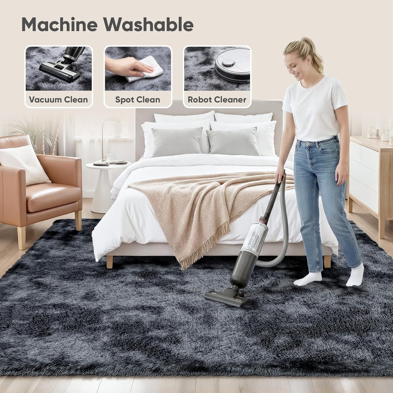 8x10 Area Rugs for Living Room Bedroom: Black Grey Soft Fluffy Shag Upgrade Non-Slip High Pile Carpet Large Fuzzy Plush Indoor Floor Decor Shaggy Rug for Kid Boys Girls Playroom Nursery Modern Home