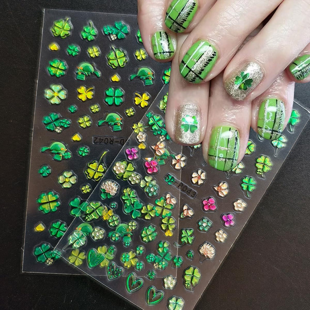 2 Sheets Green Shamrock Nail Art Stickers 5D Embossed St. Patrick's Day Nails Stickers Self Adhesive Nail Decals Shamrocks Green Nails Design Supplies for Women St. Patrick's Day Manicure Decoration