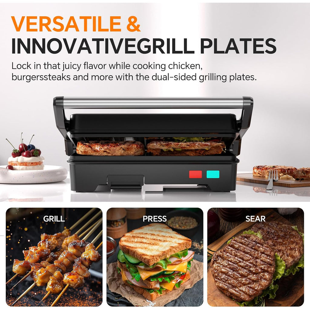 Panini Press Grill, 1000W Sandwich Maker With Non-Stick Coated Plates, Opens 180 Degrees For Any Size Of Food, 3-In-1 Sandwich Press Electric Grill, Stainless Steel Surface And Removable Drip Tray