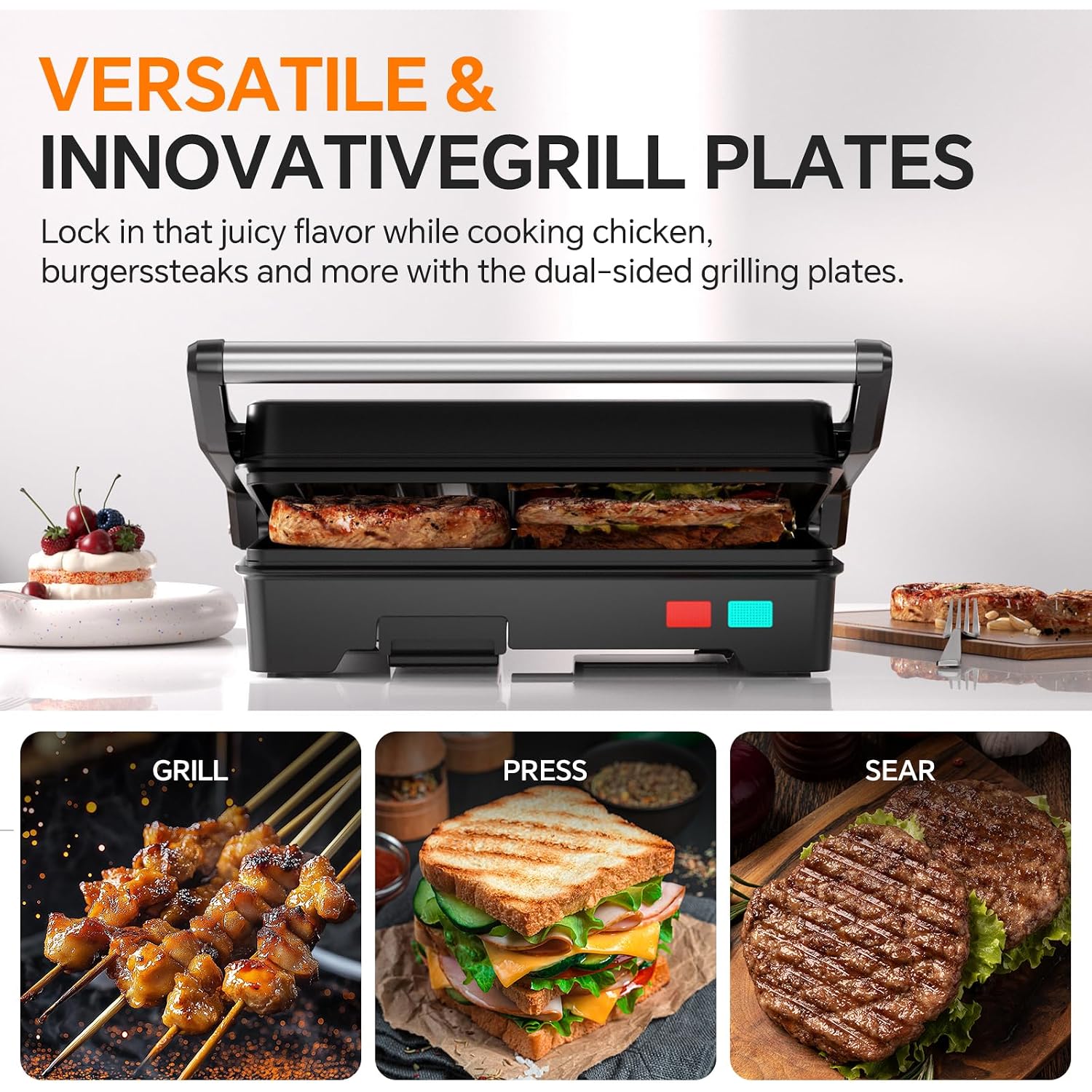 Panini Press Grill, 1000W Sandwich Maker With Non-Stick Coated Plates, Opens 180 Degrees For Any Size Of Food, 3-In-1 Sandwich Press Electric Grill, Stainless Steel Surface And Removable Drip Tray