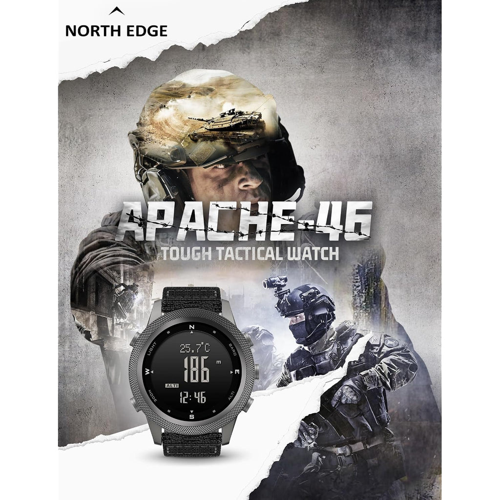North Edge Military Watch For Men Large Face Tactical Survival Digital Wrist Watch With Altimeter, Compass, Barometer, Waterproof, Pedometer For Outdoor Sports & Hiking (Apache)