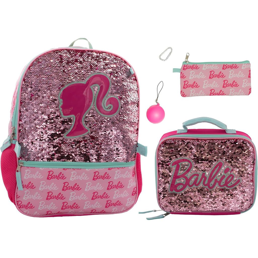 Ai Accessory Innovations Barbie 4 Piece Backpack Set, Sparkle & Shine With This Magic Flip Sequin School Bag For Girls With Zip Front Pocket, Pink