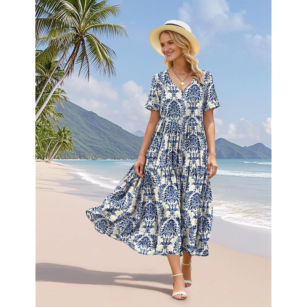 Yesno Women'S Summer Maxi Dresses Casual Floral Short Sleeve V Neck Boho Beach Vacation Swing Dress With Pockets Evf