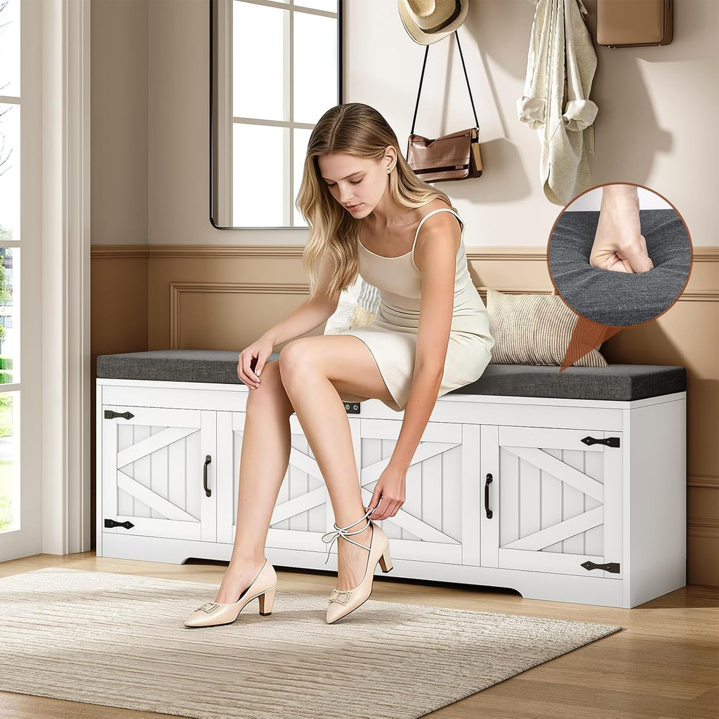 60“ Farmhouse Shoe Storage Bench With Deodorizing, Entryway Storage Bench With Cushion Seat, 4 Doors Freestanding Hidden Shoe Rack, Adjustable Shelf, For Bedroom, Living Room (White, 60In)