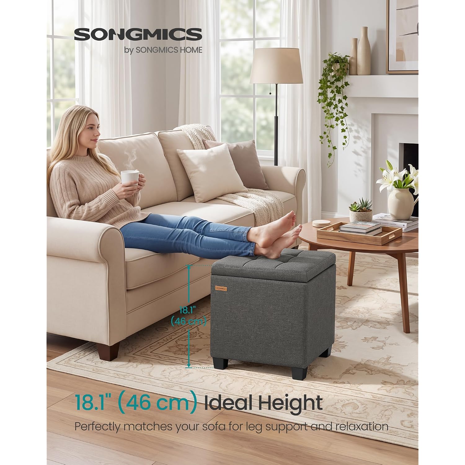 Songmics Square Storage Ottoman, Foot Stool Footrest With Legs, Ottoman Cube With Hinged Lid, For Living Room, Bedroom, 16.9 X 16.9 X 18.1 Inches, Linen-Look Fabric, Slate Gray Ulom509Gn01