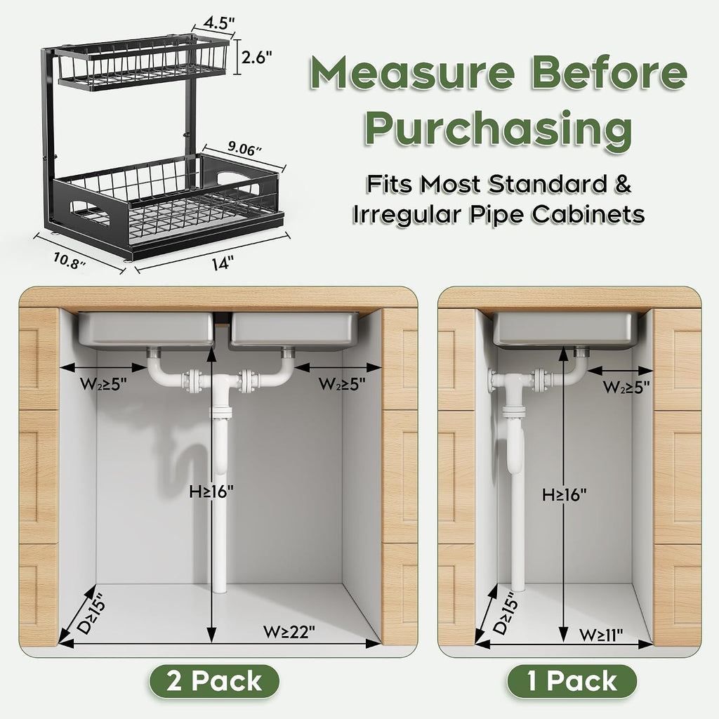Under Sink Organizer, 2 Pack Cabinet Organizer For Kitchen, Height Adjustable Pull Out Heavy Duty 2 Tier Metal Under Sink Storage For Bathroom Pantry (Black, 2 Pack)
