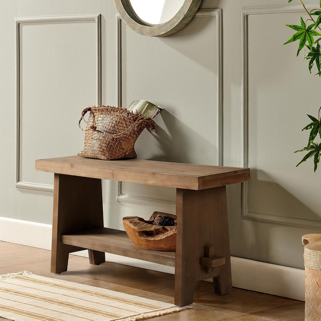 Solid Wood Entryway Bench - 31.5" Farmhouse Small Storage Bench, Rustic Narrow Bench Seat For Indoor, Entryway, Dining Room, Living Room And Hallway, Brown
