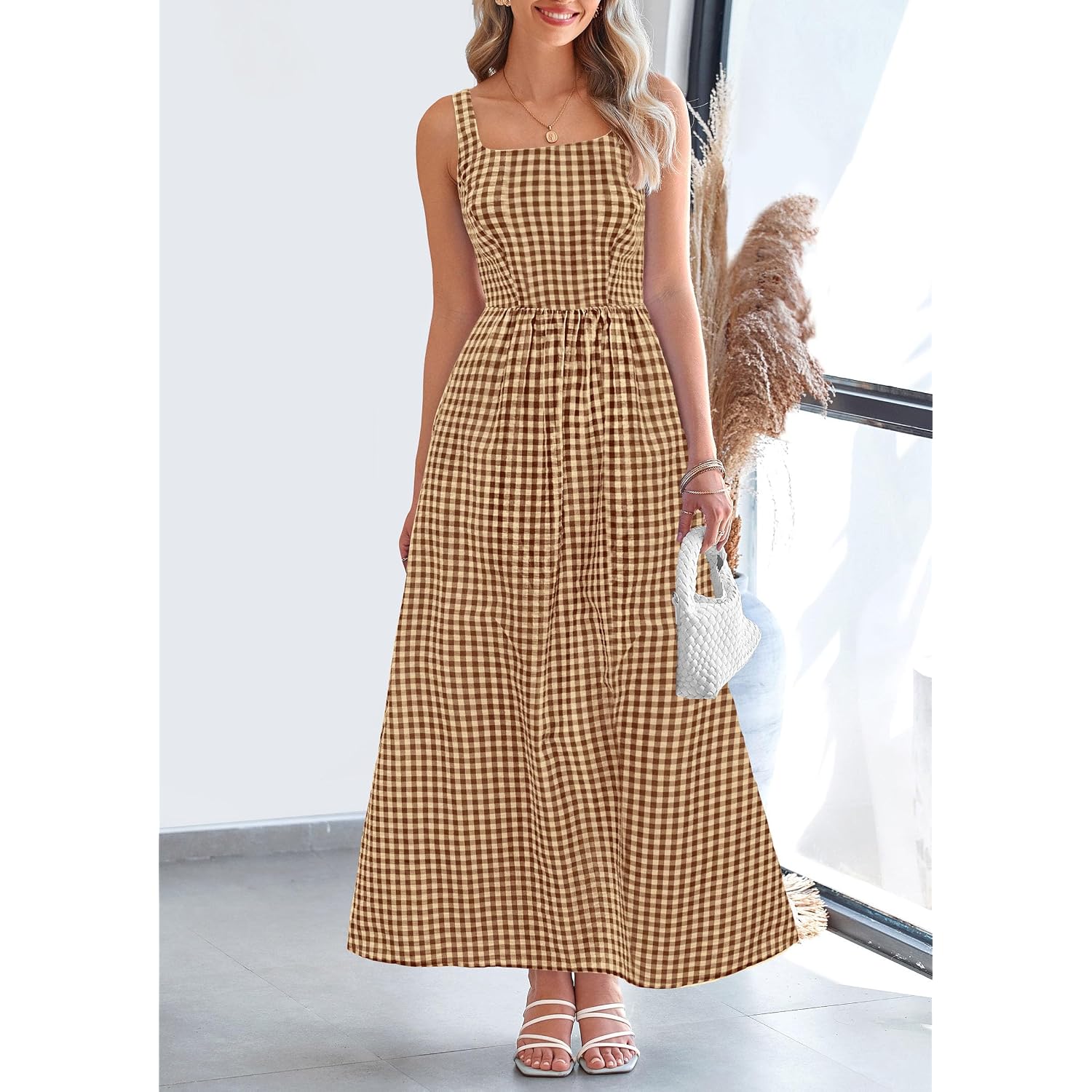 Prettygarden Women'S 2026 Summer Spaghetti Strap Maxi Dresses Plaid Square Neck A Line Casual Beach Vacation Long Sundress