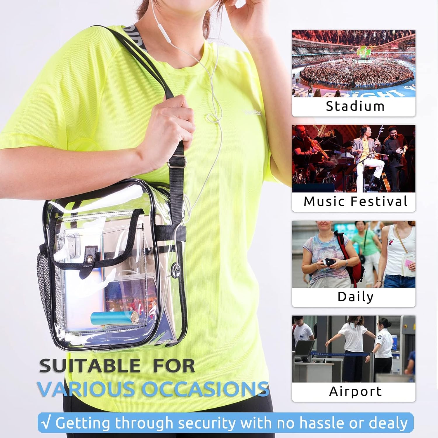 SPODEARS Clear Crossbody Bag for Stadium, Concert, Festival & More - Adjustable Shoulder Strap & Bottle Holder