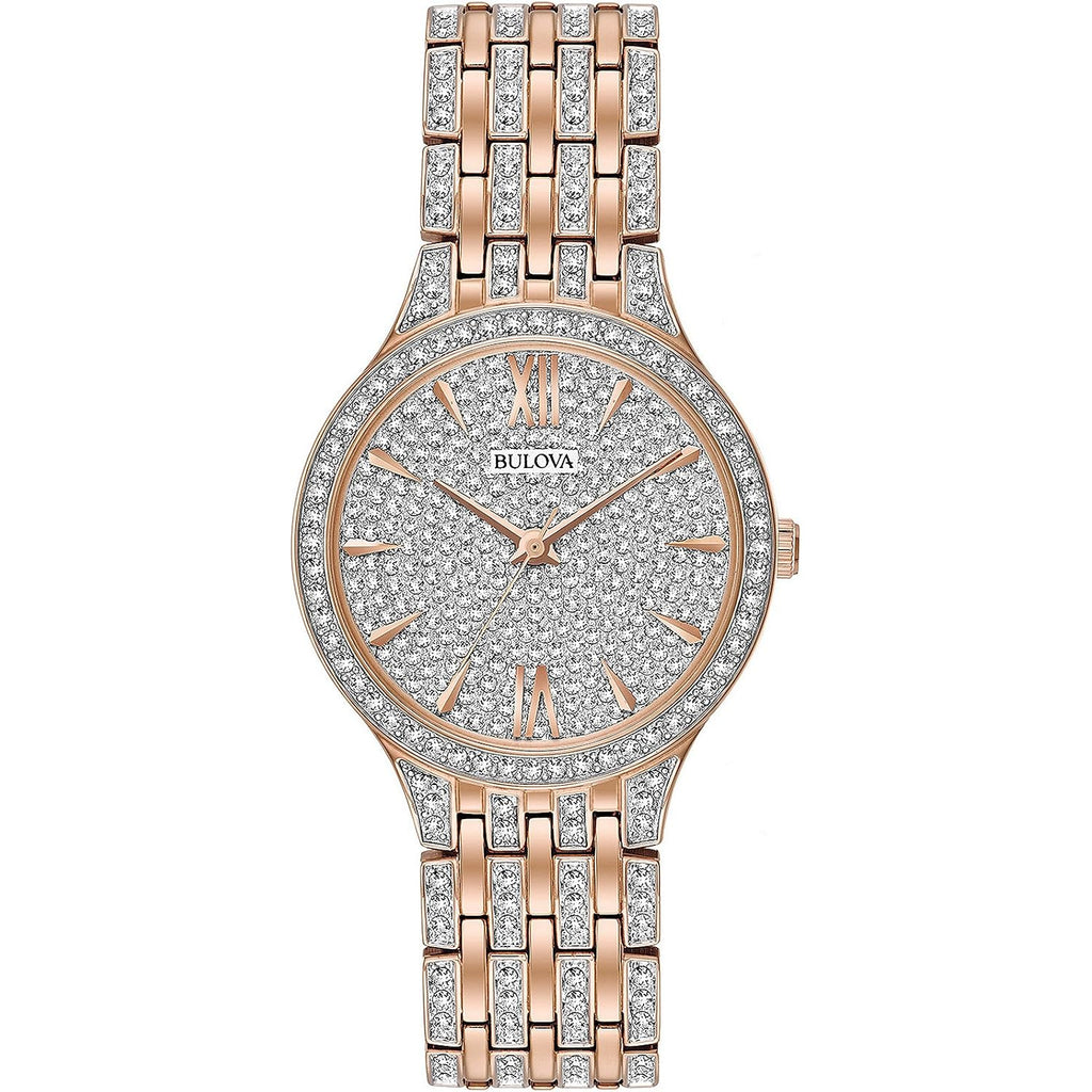 Bulova Ladies' Crystal Phantom Rose Gold Tone Stainless Steel 2-Hand Quartz Watch, 440 Crystals And Pave Dial Style: 98L235