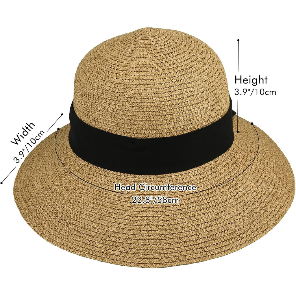 Womens Straw Sun Hat Wide Brim Foldable Panama Roll up Cap Fedora Beach Sun Hat UPF50+ Coffee