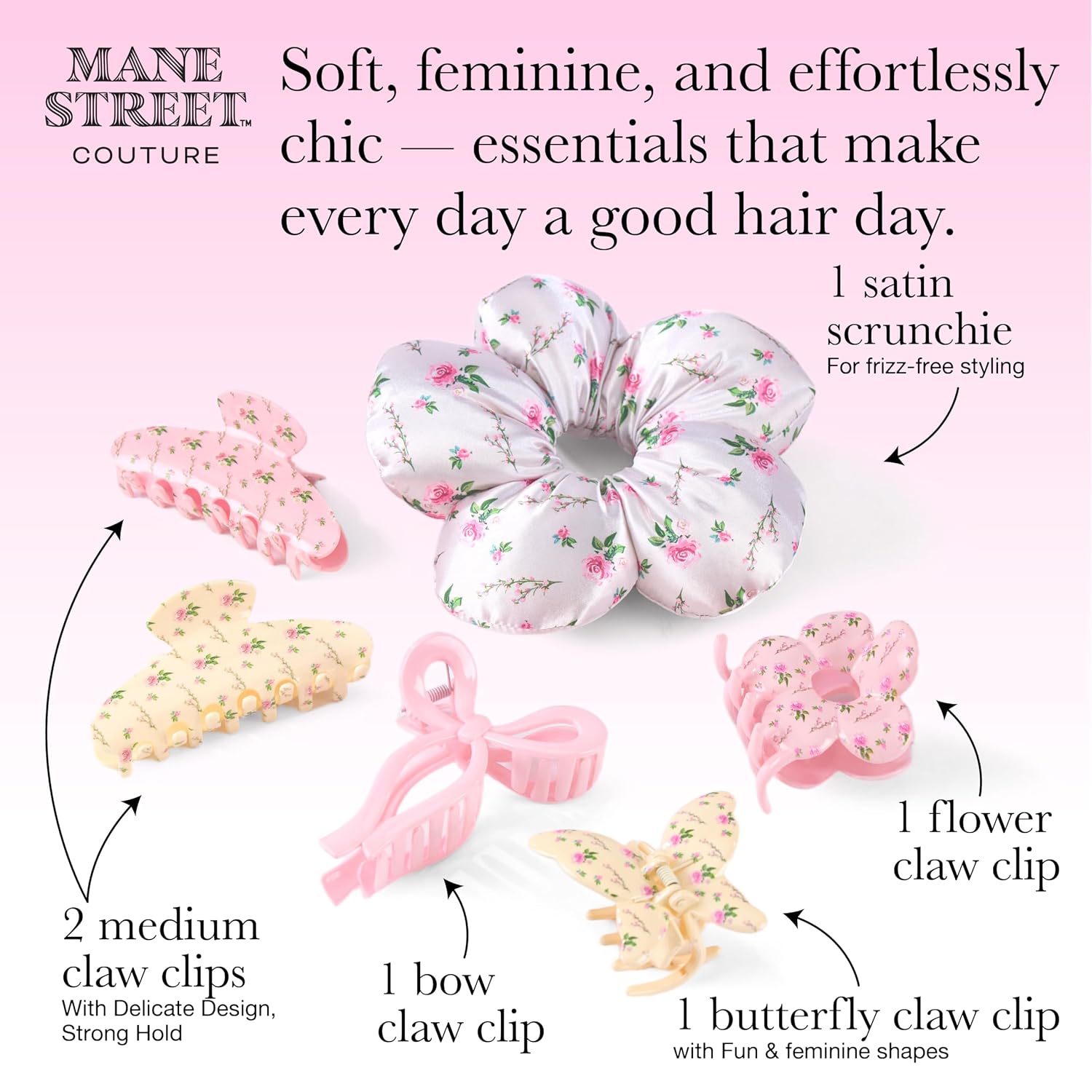 6-Piece Vintage Floral Hair Clip & Scrunchie Set For Women By Mane Street Couture | Claw Clips, Xl Floral Scrunchie, No Damage Hair Accessories