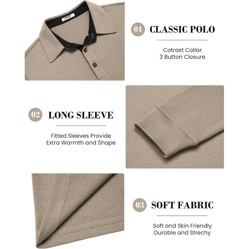 Coofandy Mens Long Sleeve Polo Shirts Classic Casual Button Polo Tee Lightweight Collared Golf Shirt