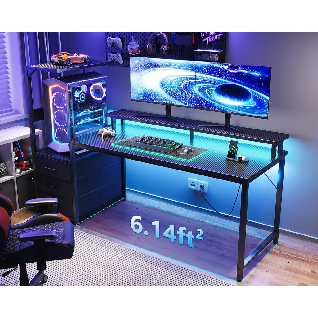 Aodk Gaming Desk W/Pc Showcase Stand, 59" Reversible, Rgb Led, Black | Elevated Stand Fits Lian Li O11, Hyte Y60. Triple Drawers Hide Cables, Controllers, Clutter.Your Build Deserves To Be Seen.