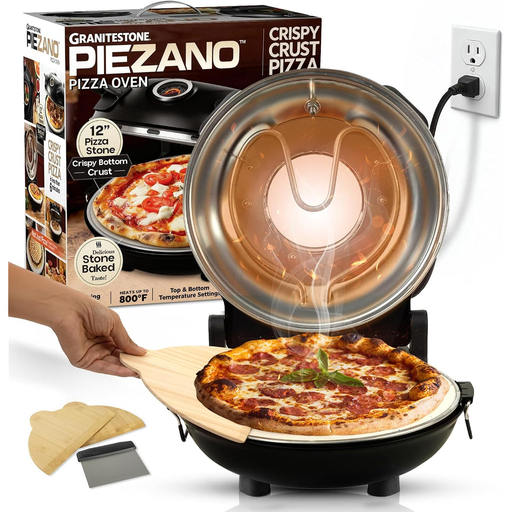 Piezano 12" Electric Pizza Oven Indoor Countertop Pizza Maker | Heats To 800˚F, Ceramic Stone For Crispy Crust Pizza, Cooks In Under 6 Minutes, Dual Heat Controls, Peels & Scraper Included