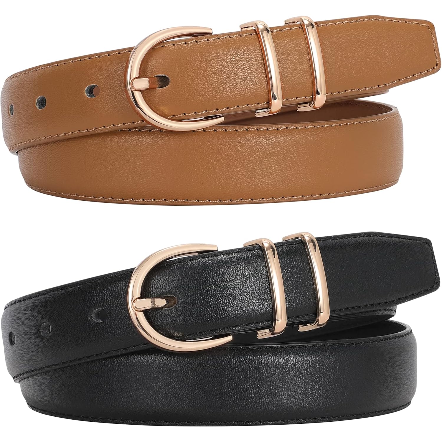 JASGOOD 2 Pack Women Leather Belt for Jeans Leather Waist Belts for Women Gold Buckle