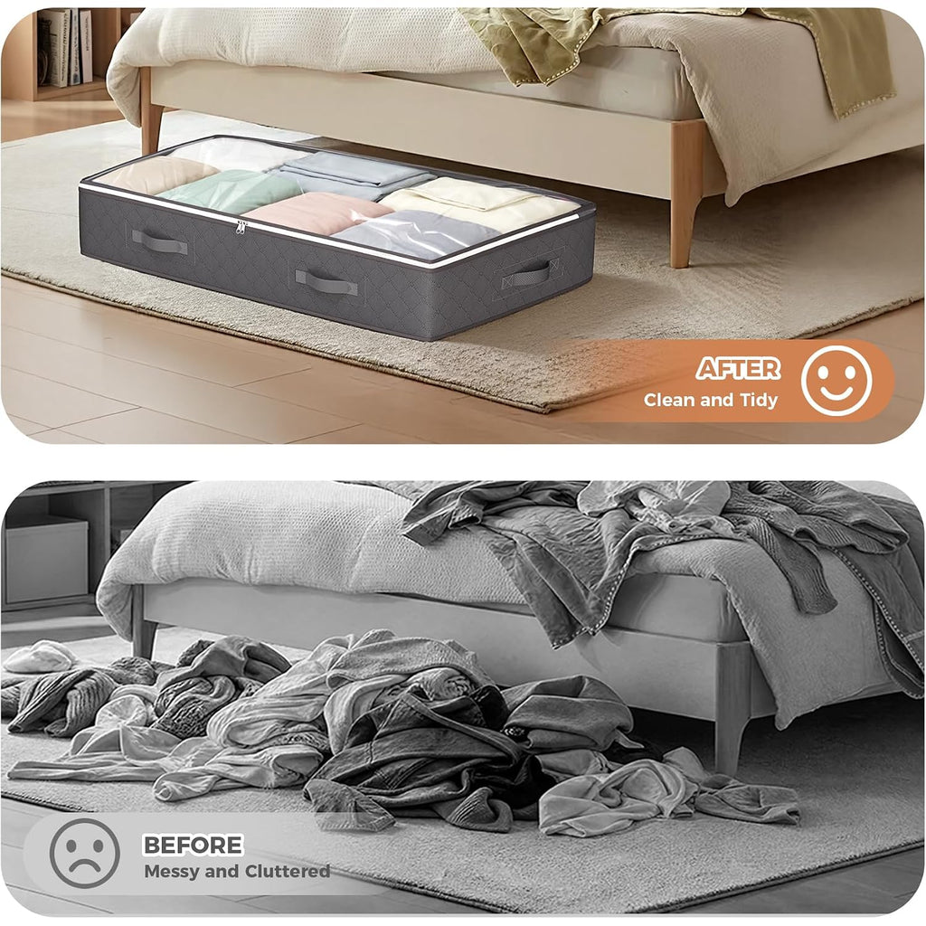 90L Under Bed Storage Containers, 4 Pack Closet Organizers Grey | Foldable Underbed Storage Bins For Linen Sheets, Blanket, Clothing, Comforter, Sweaters, Pillows, Wrapping Paper