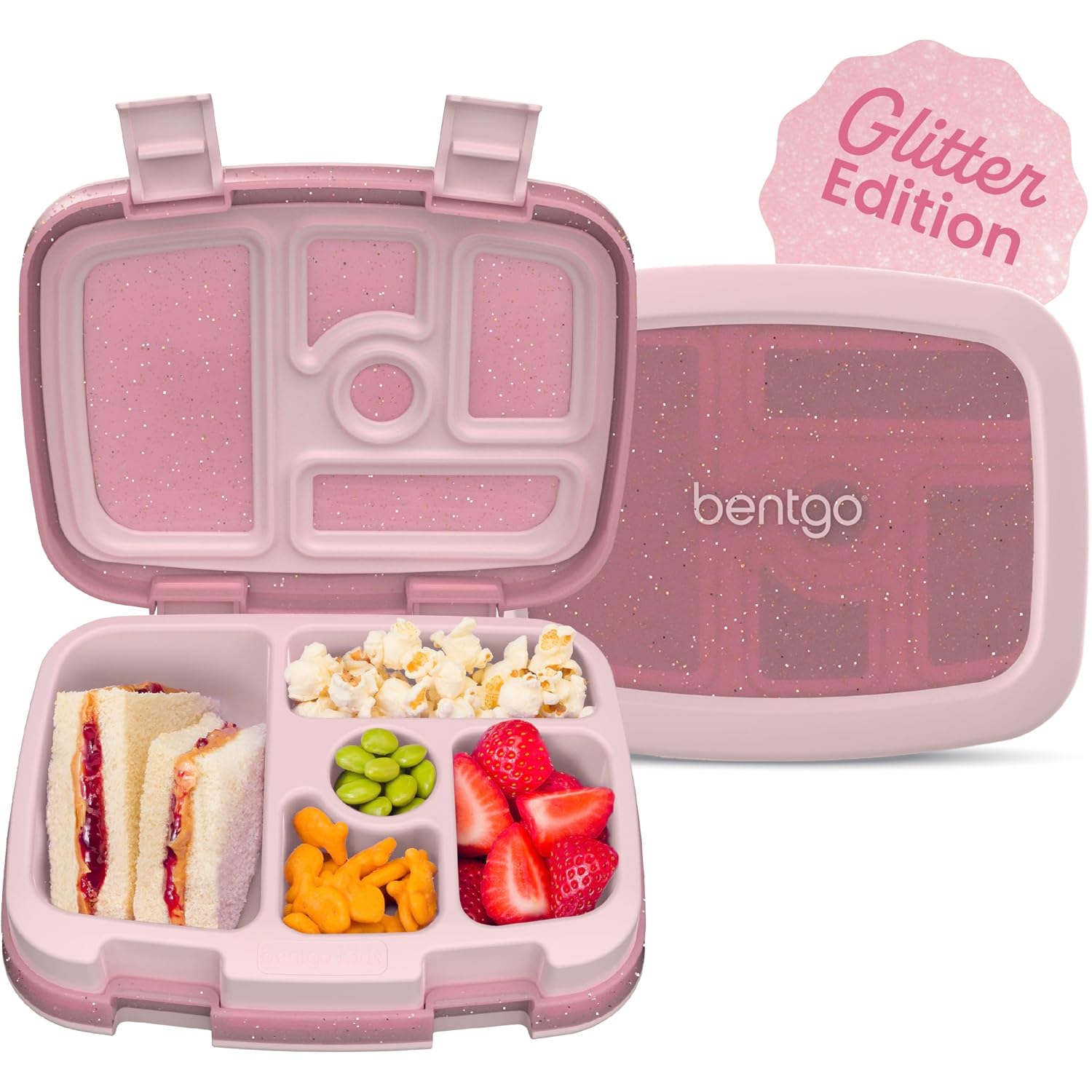 Bentgo Kids Bento-Style 5-Compartment Leak-Proof Lunch Box - Just-Right Portions Ages 3-7, Durable, Drop-Proof, Dishwasher Safe, Pfas & Bpa-Free & Made With Food-Safe Materials (Petal Pink Glitter)