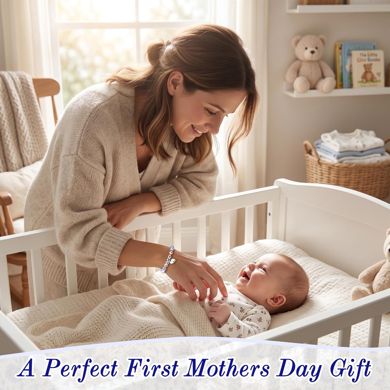 Sereney Mothers Day Gifts for Grandma/New Mom, Nana/New Mama/Mimi/Gigi Bracelets for Women as First Mothers Day Gifts for Mama Grandmother, Bule and White Porcelain Stretch Bead Bracelet for Nana Gigi Mimi