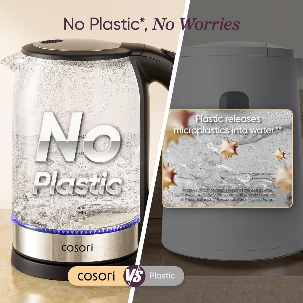 Cosori Electric Kettle, No Plastic Contact With Water, Wide Mouth For Easy Cleaning, Auto Shut Off, 1.7L Tea Kettle & Hot Water Boiler, Water Heater & Teapot, Borosilicate Glass, Black, 1500W