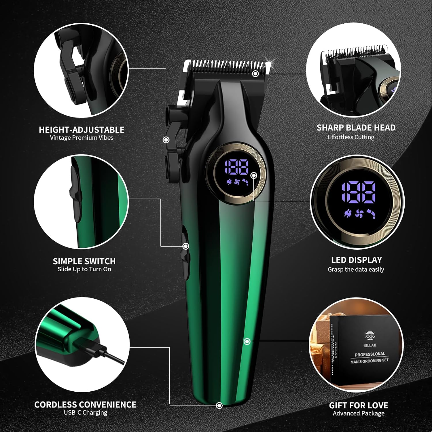 Billar Professional Hair Clipper For Men Hair Cutting Kit Men'S Beard Trimmer Hair Trimmer Shaver Cordless Barber Clippers And Trimmers（Green）